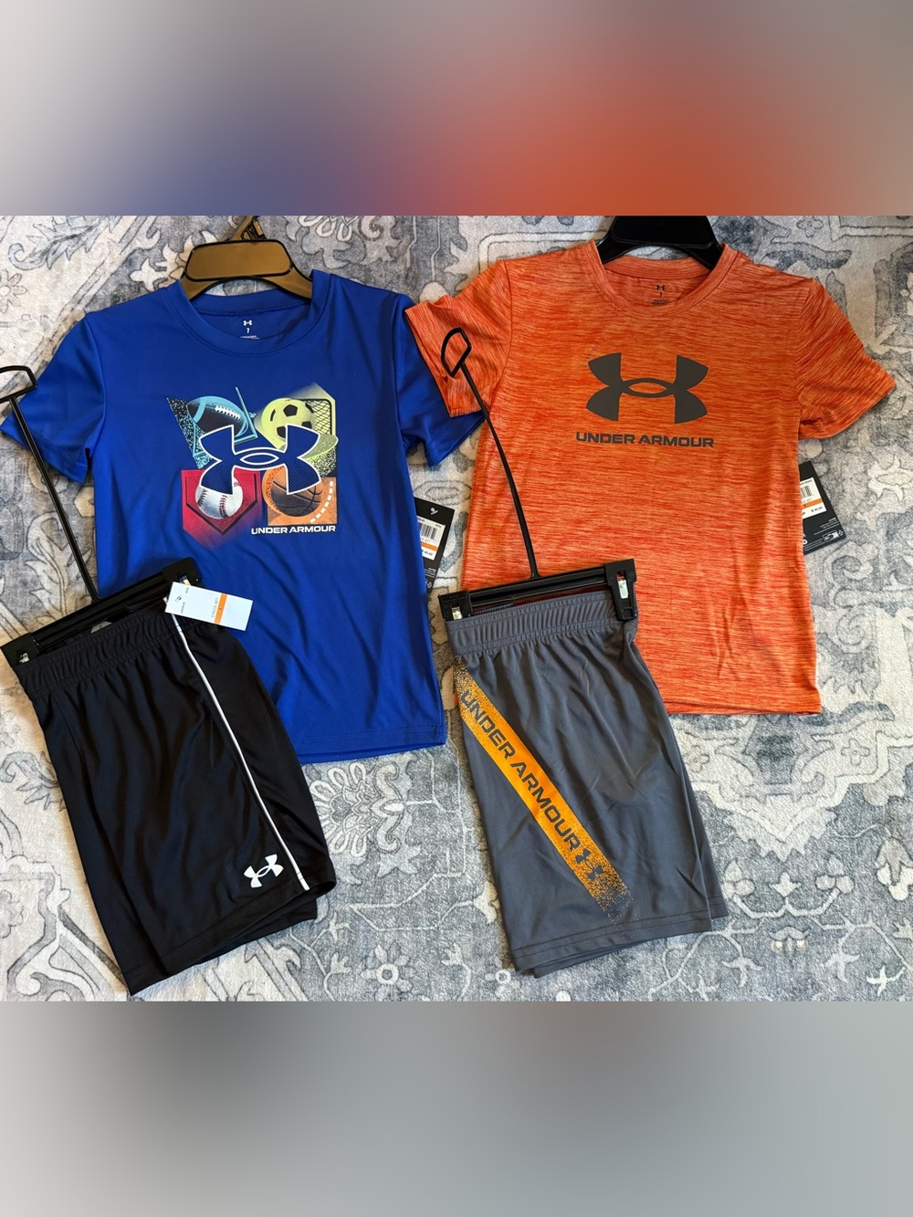Under Armour Boys size 7 Blue & Orange Active Tops with Black & Gray Shorts